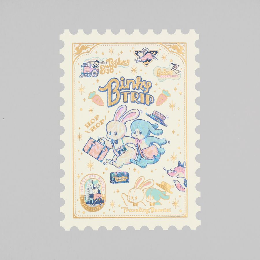 ROKKAKU ob1toy 郵票造型燙金明信片「Binky TRIP 兔兔旅行」｜日本製