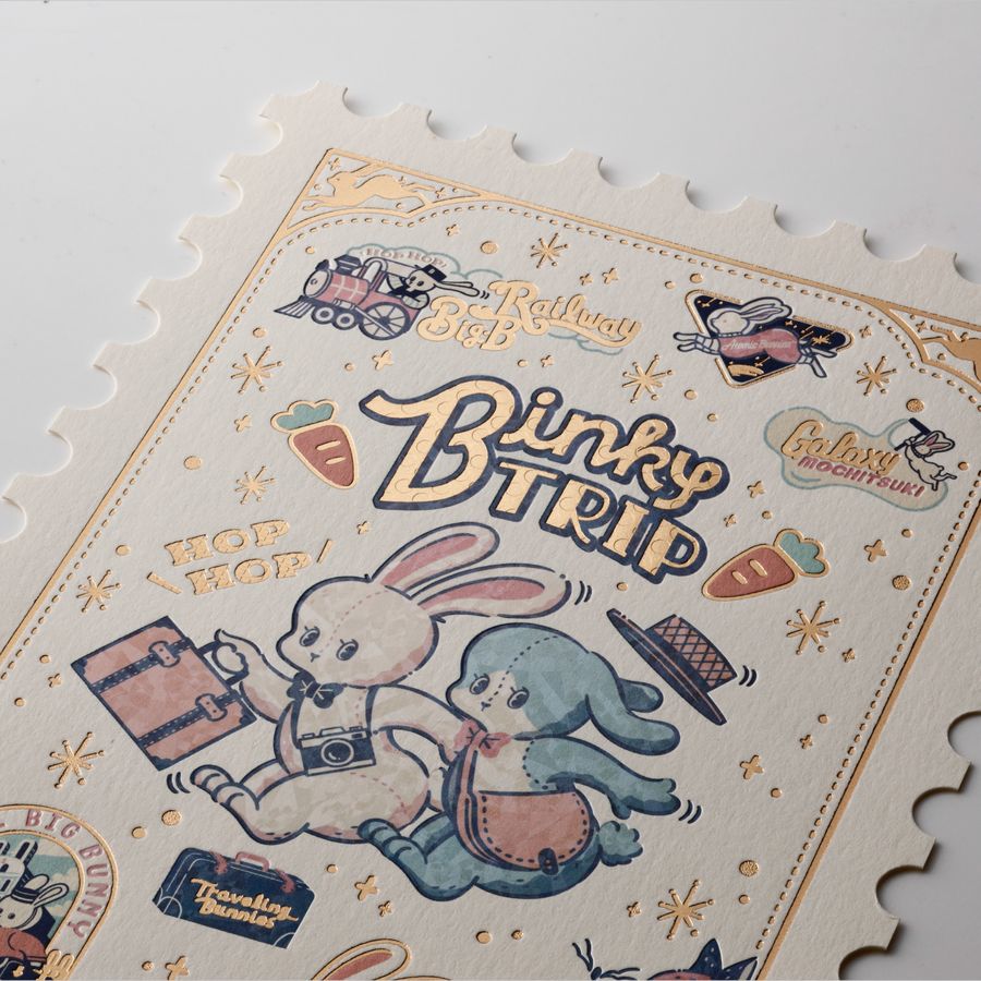 ROKKAKU ob1toy 郵票造型燙金明信片「Binky TRIP 兔兔旅行」｜日本製