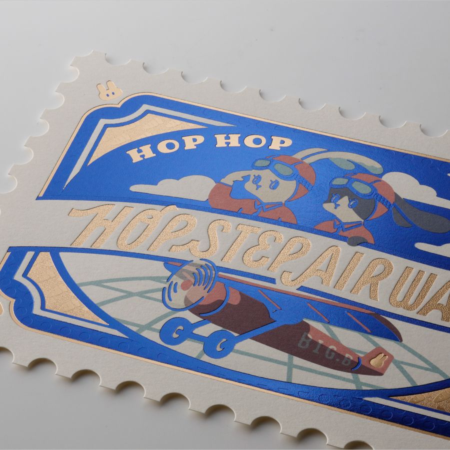 ROKKAKU ob1toy 郵票造型燙金明信片「Hop Step Air Ways 蹦跳航空」｜日本製